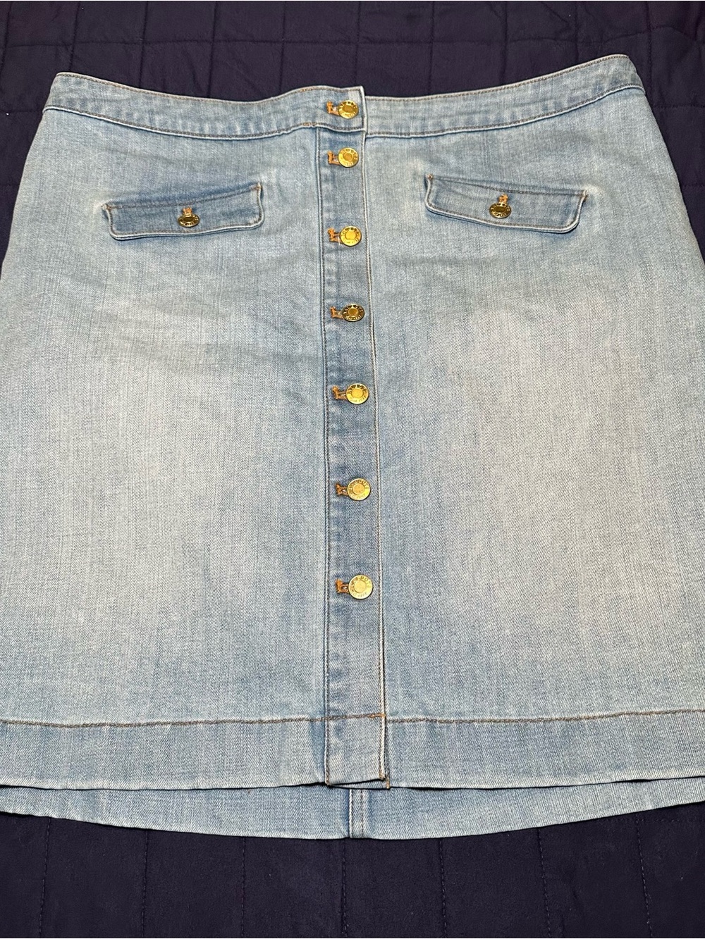 Talbots Light Blue Denim Mini Skirt with Gold Buttons